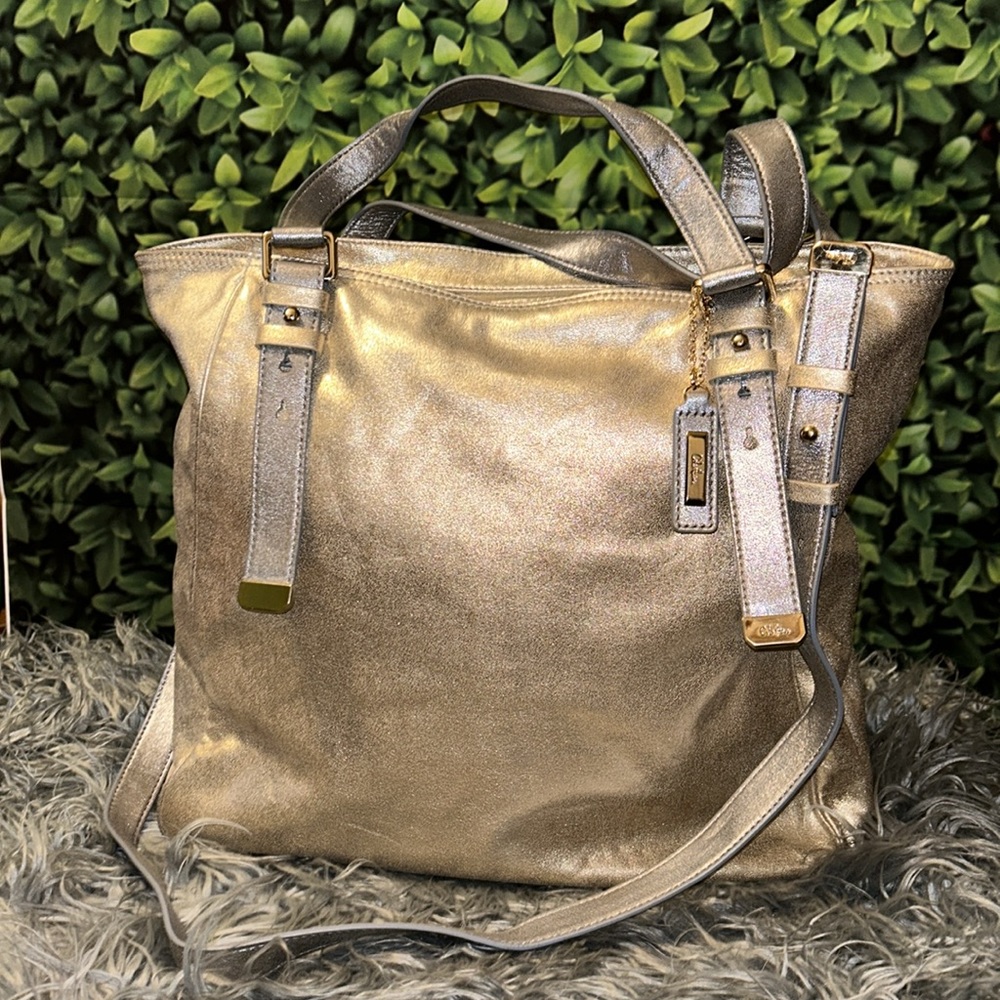🔥COLE HAAN Kendra Palladium & Gold Metallic High Line Tote Bag EUC